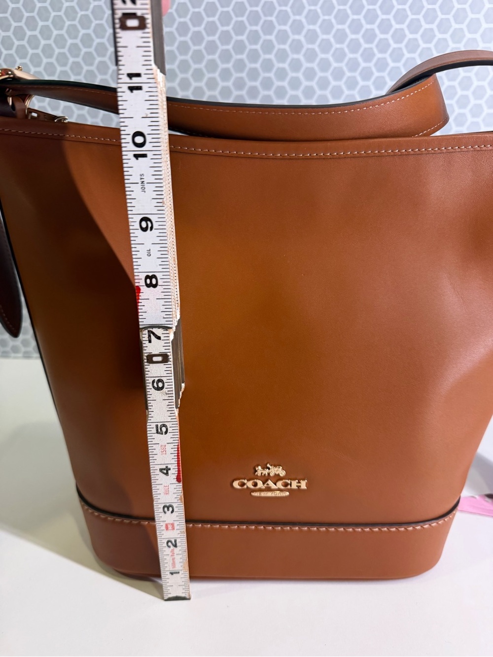 COACH Jude Leather Bucket Bag in Saddle Brown with Pink Scarf - Picture 11 of 11